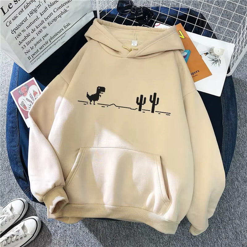 Retro Dinosaur Cactus Pullover Hoodie