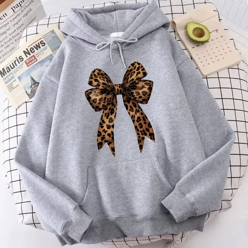 Casual Pullover Hoodie with Funny Bow & Heart Pattern on Leopard Print