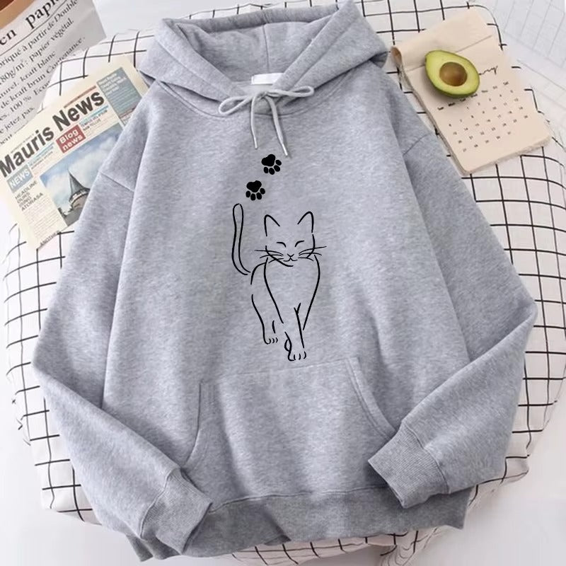 Whimsical Cat Print Women's Hoodie with Kangaroo Pocket