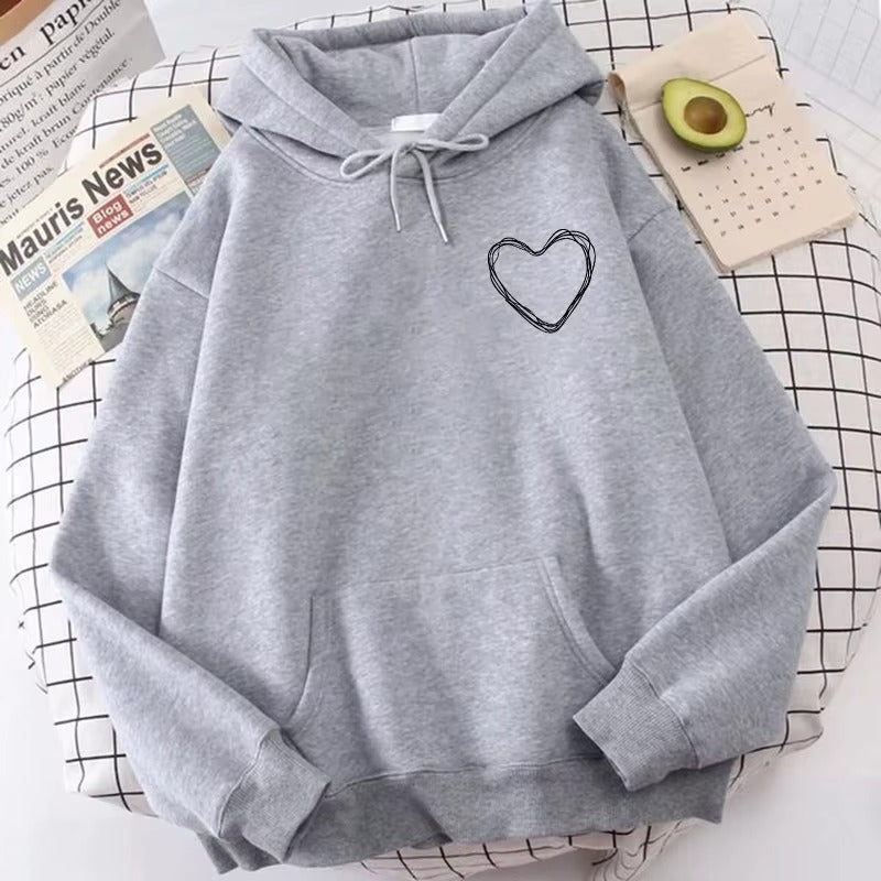 Women's Casual Hoodie with Kangaroo Pocket & Simple Heart Print