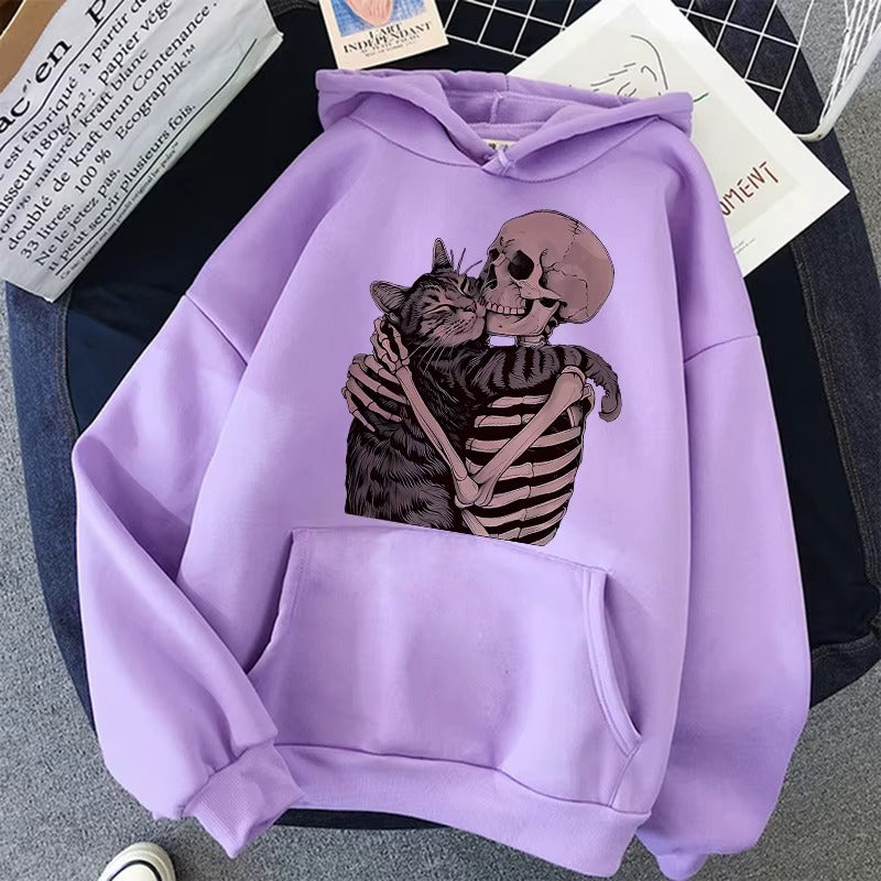 Cozy Fall Hoodie with Funky Skull and Cat Print