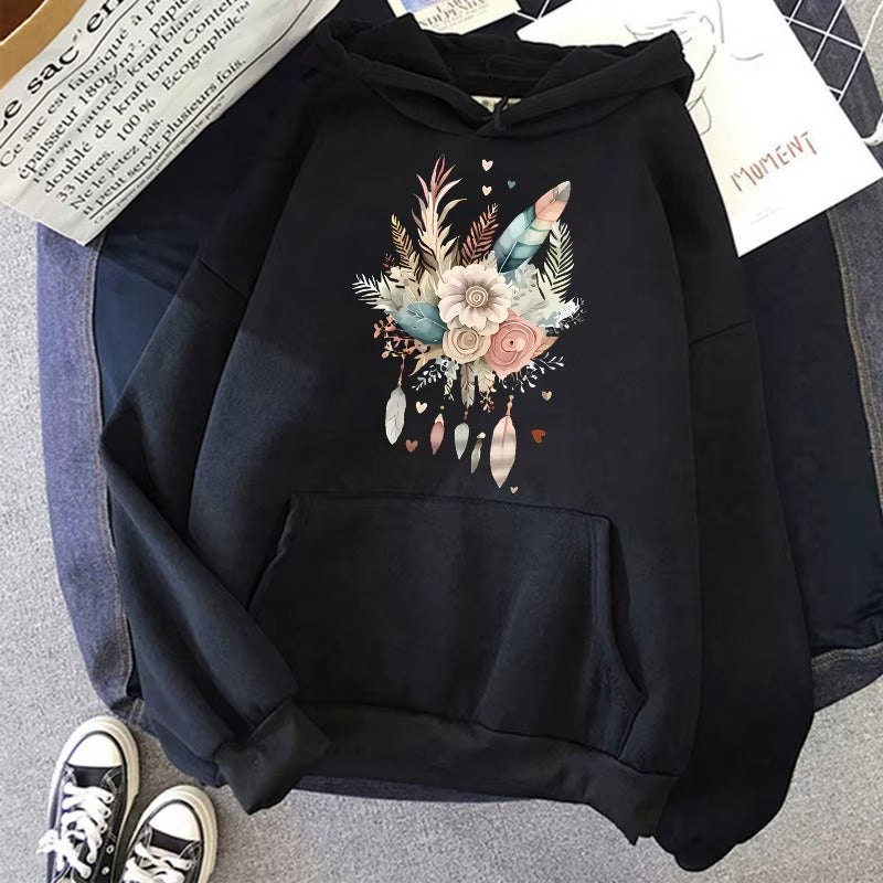 Women's Art Flower & Feather Print Hoodie