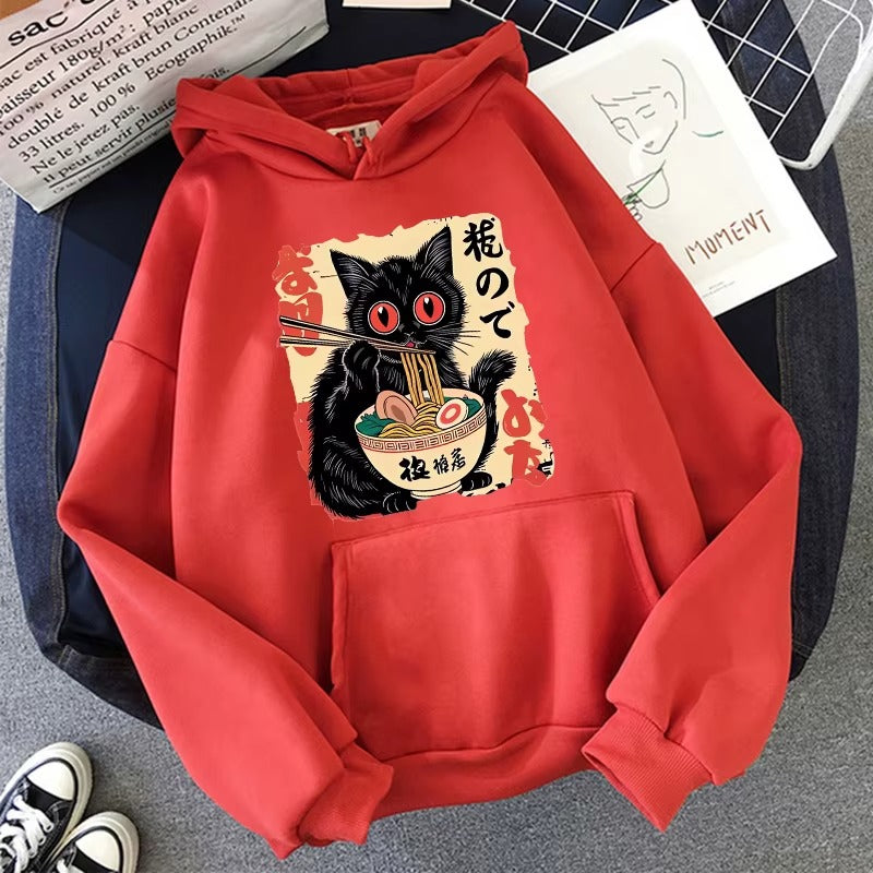 Vintage Japanese Black Cat Eating Ramen Hoodie
