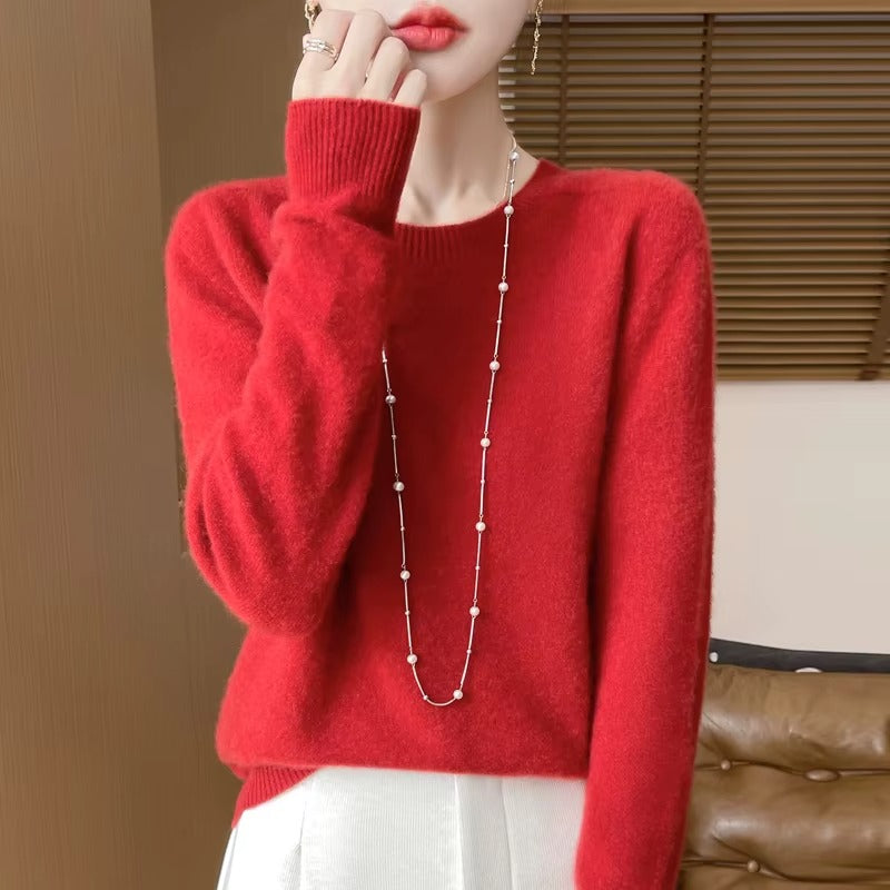 Casual Solid Wool O-Neck Sweater for Women