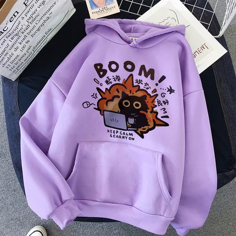 Funny Cat Print Pocket Hoodie