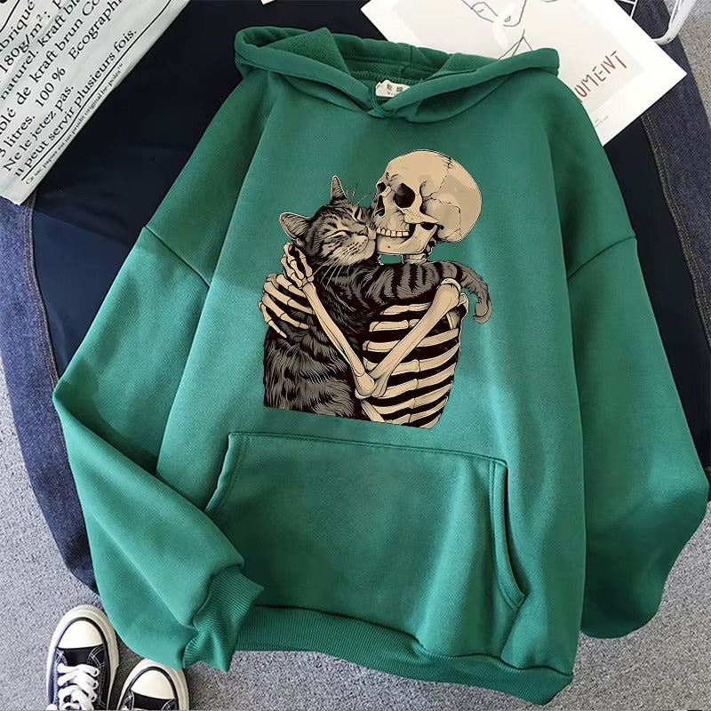 Cozy Fall Hoodie with Funky Skull and Cat Print