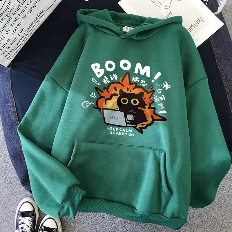 Funny Cat Print Pocket Hoodie