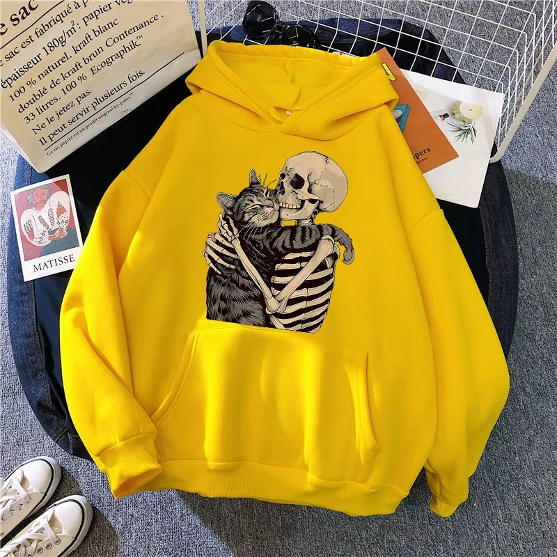 Cozy Fall Hoodie with Funky Skull and Cat Print