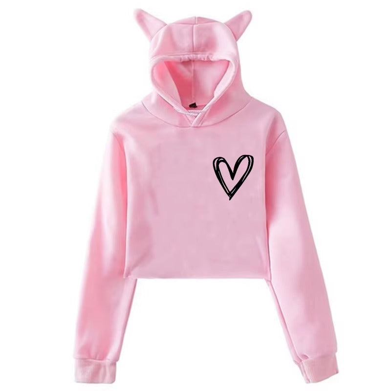 Cat Ear Cropped Hoodie with Cute Heart Print