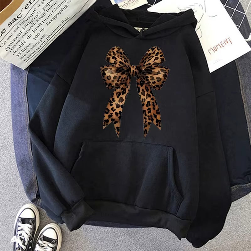 Casual Pullover Hoodie with Funny Bow & Heart Pattern on Leopard Print
