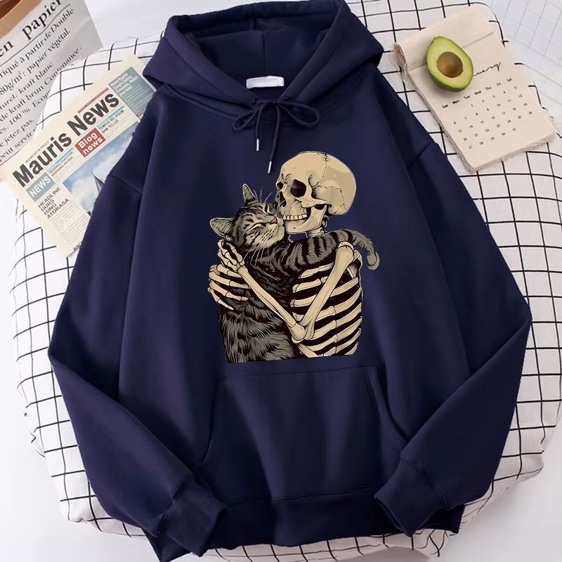 Cozy Fall Hoodie with Funky Skull and Cat Print
