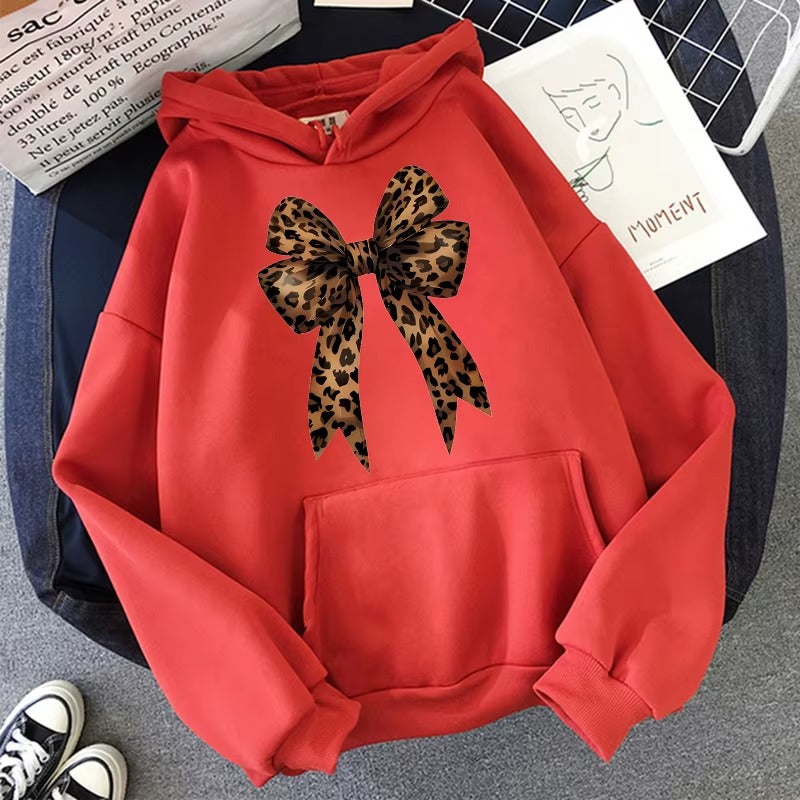 Casual Pullover Hoodie with Funny Bow & Heart Pattern on Leopard Print