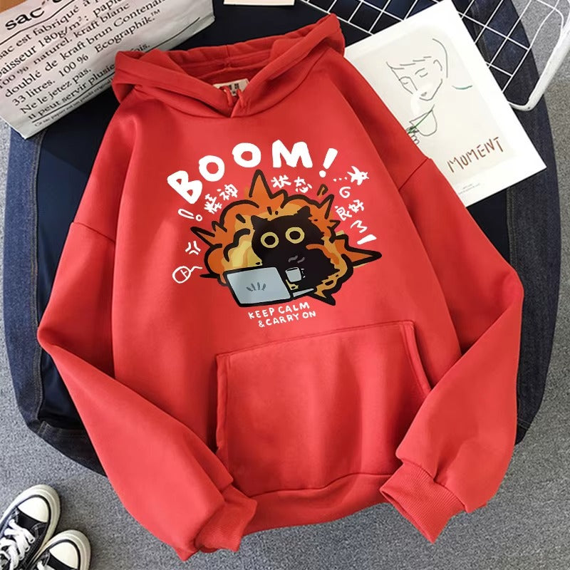 Funny Cat Print Pocket Hoodie