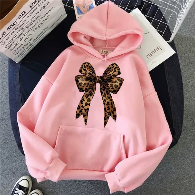 Casual Pullover Hoodie with Funny Bow & Heart Pattern on Leopard Print