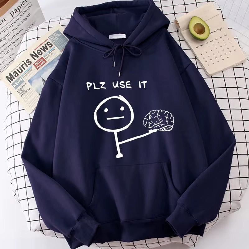 Casual Unisex Hoodie with "PLZ USE IT" Print