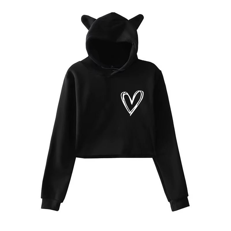 Cat Ear Cropped Hoodie with Cute Heart Print