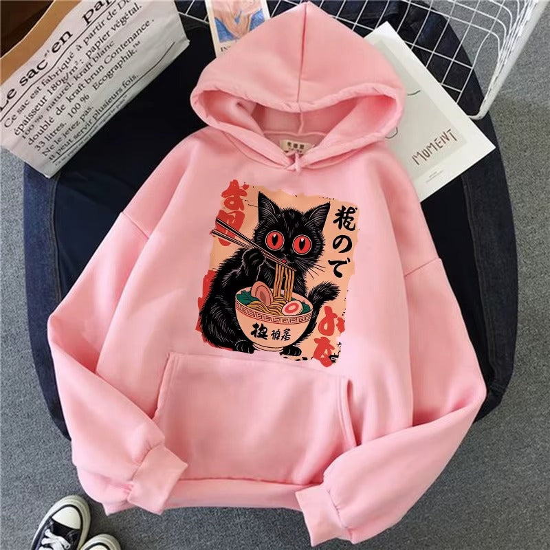 Vintage Japanese Black Cat Eating Ramen Hoodie
