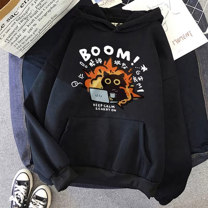 Funny Cat Print Pocket Hoodie