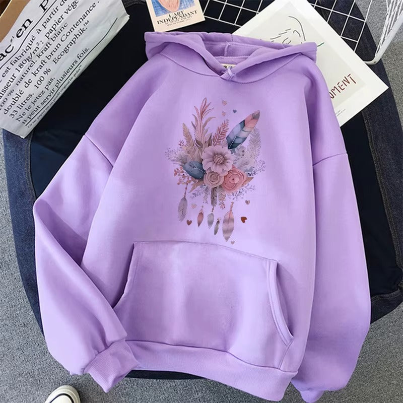 Women's Art Flower & Feather Print Hoodie