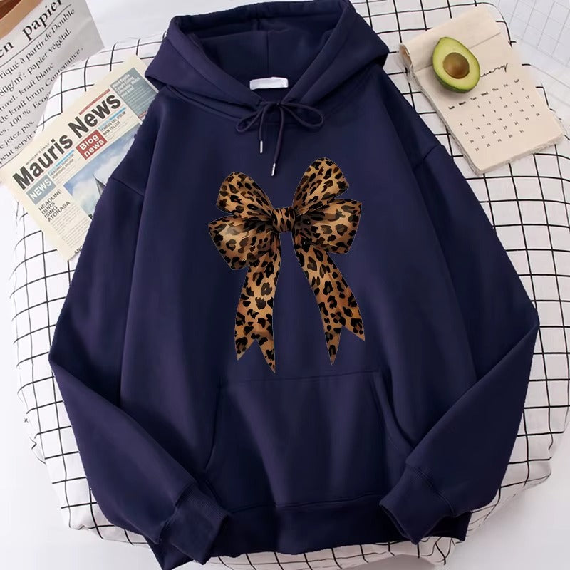 Casual Pullover Hoodie with Funny Bow & Heart Pattern on Leopard Print
