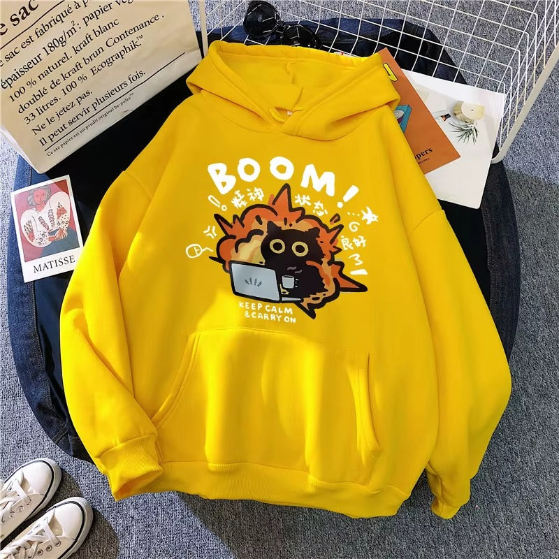 Funny Cat Print Pocket Hoodie