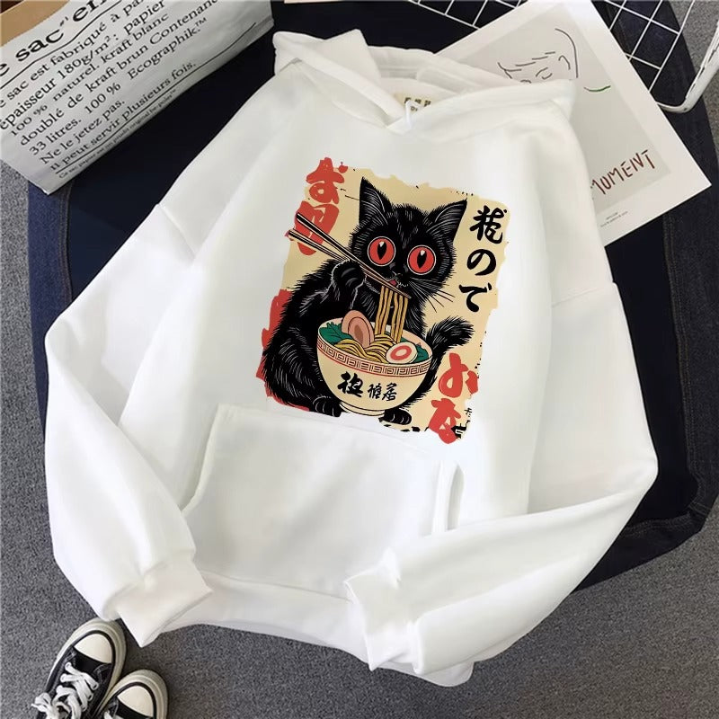Vintage Japanese Black Cat Eating Ramen Hoodie