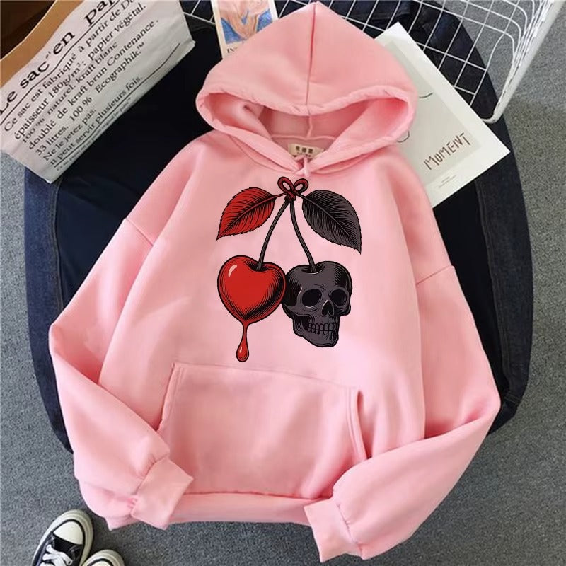 Women's Cherry and Skull Print Hoodie