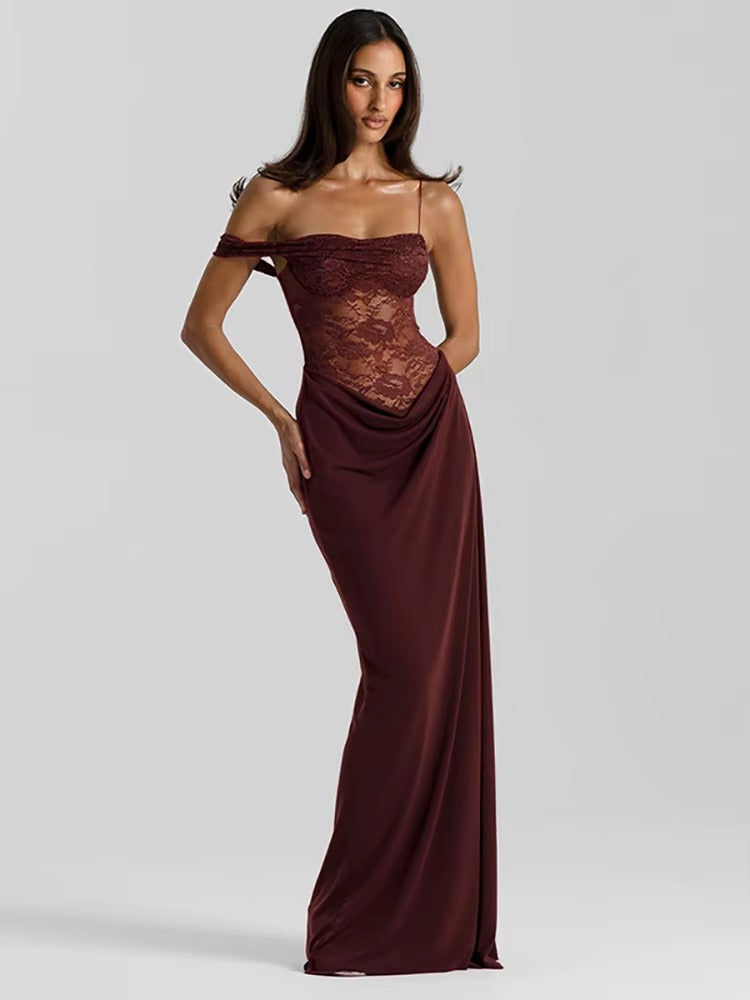 Joanna One Shoulder Lace See Through Sexy Maxi Dress