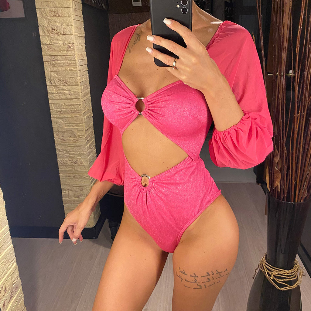 Jane Tummy Cut Out Glitter Sparkling Long Sleeve One Piece Swimsuit