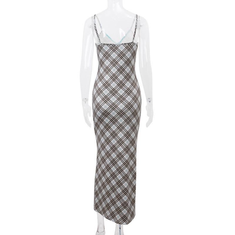 Patsy Spaghetti Strap Grid Long Dress