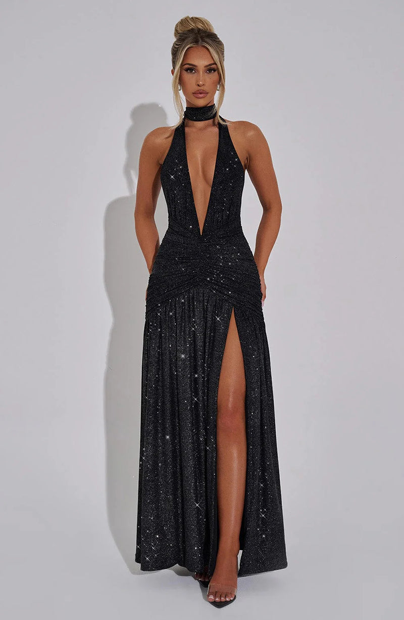 Kathleen Glitter Deep V Neck Sexy Maxi Dress