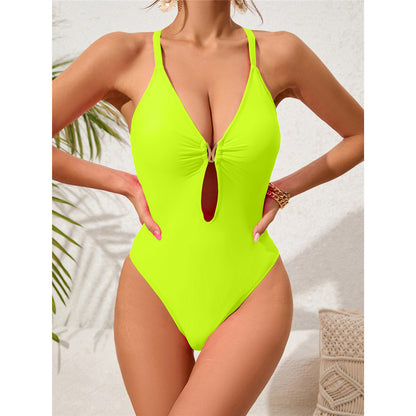 Sandy Cut Out Back Cross Metal Ring One Piece Swimsuit