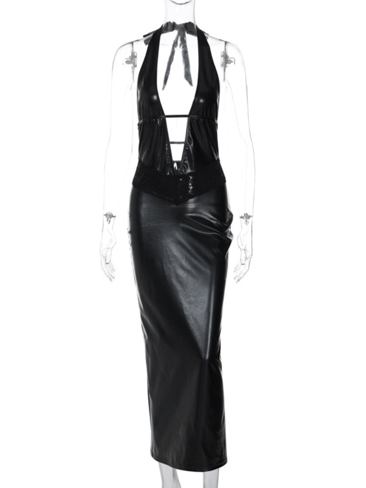 Ella Hollow Out Backless PU Leather Maxi Dress