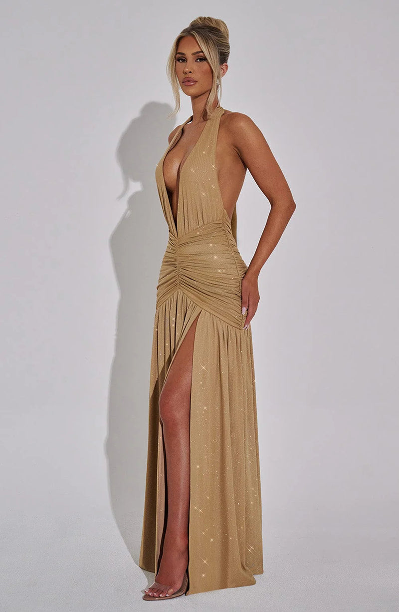 Kathleen Glitter Deep V Neck Sexy Maxi Dress