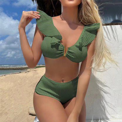Carrie Ruffled V Shaped Ribbed High Waist Bikini