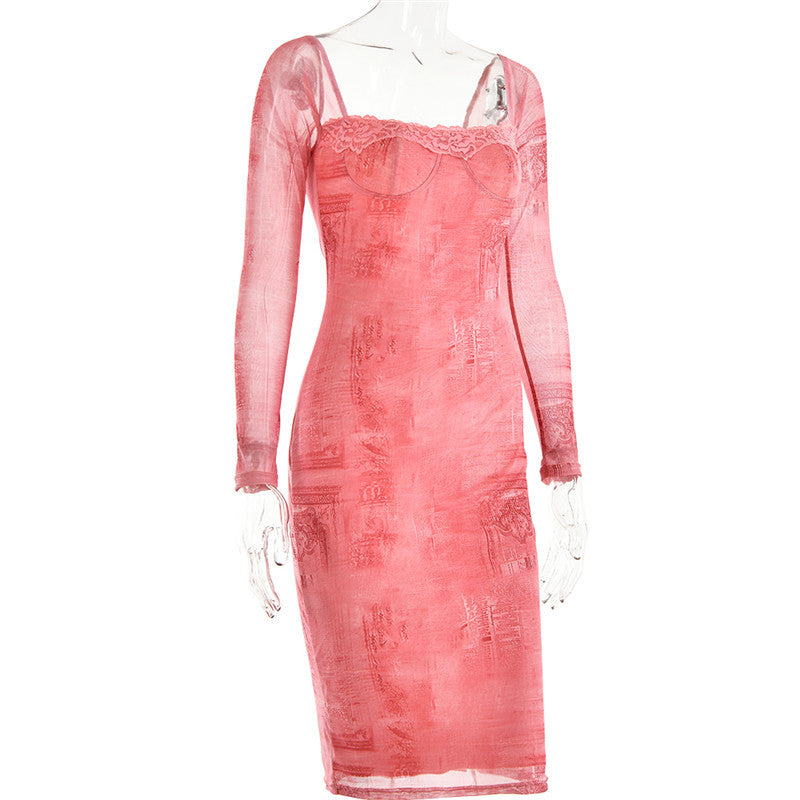 Monica Square Collar Long Sleeve Print Sexy Midi Dress