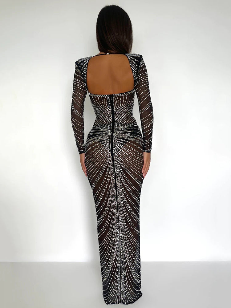 Lydia Glitter Mesh See Through Party Maxi Dress