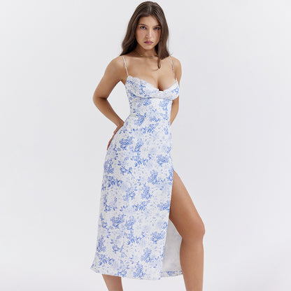 Helen Blue Print Split Midi Dress