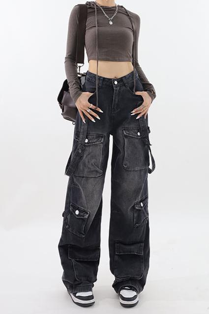 Molly Women Vintage Black Gothic Cargo Jeans