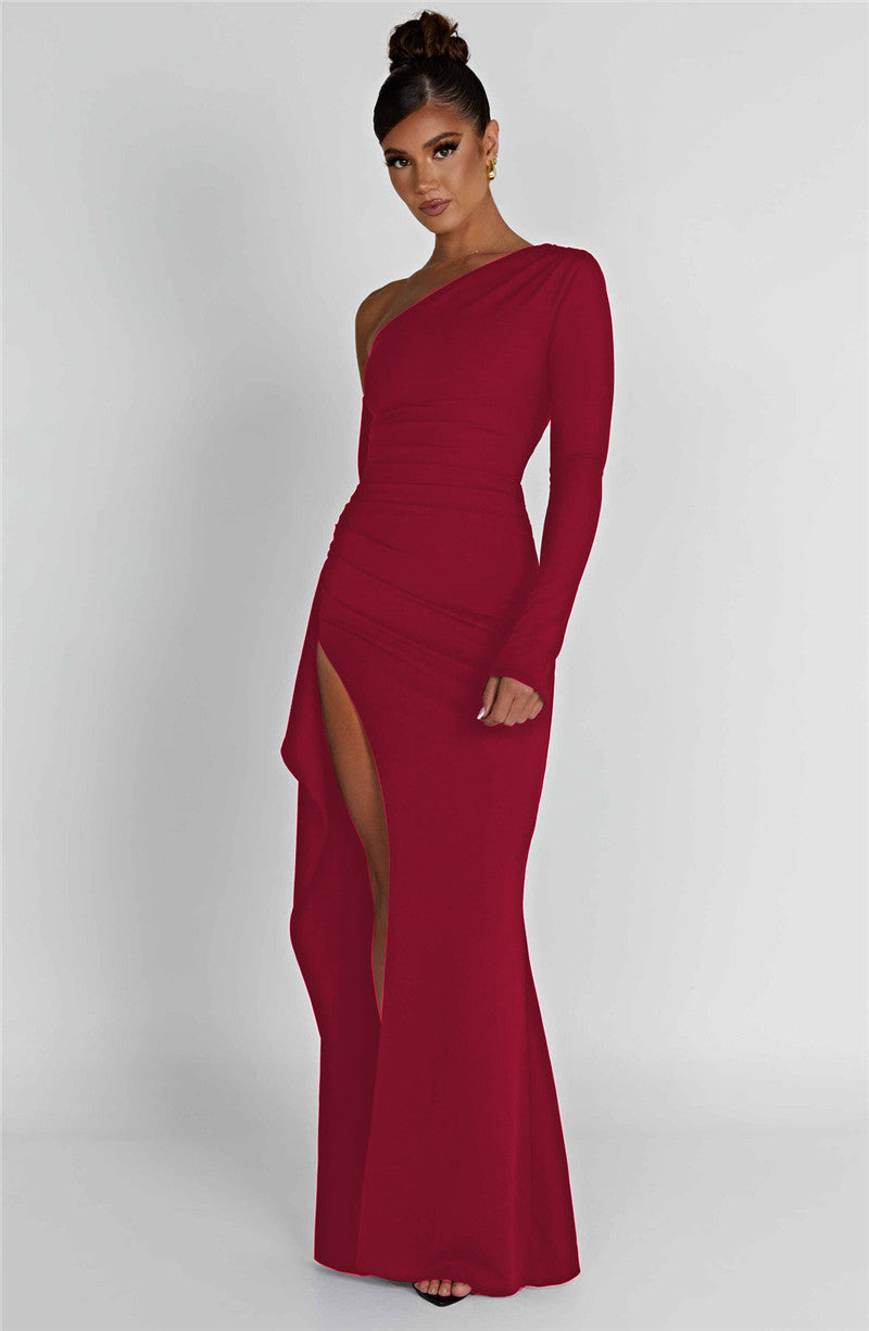 Natalie Oblique Shoulder Thigh High Split Maxi Dress