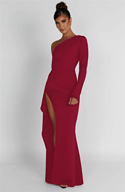 Natalie Oblique Shoulder Thigh High Split Maxi Dress