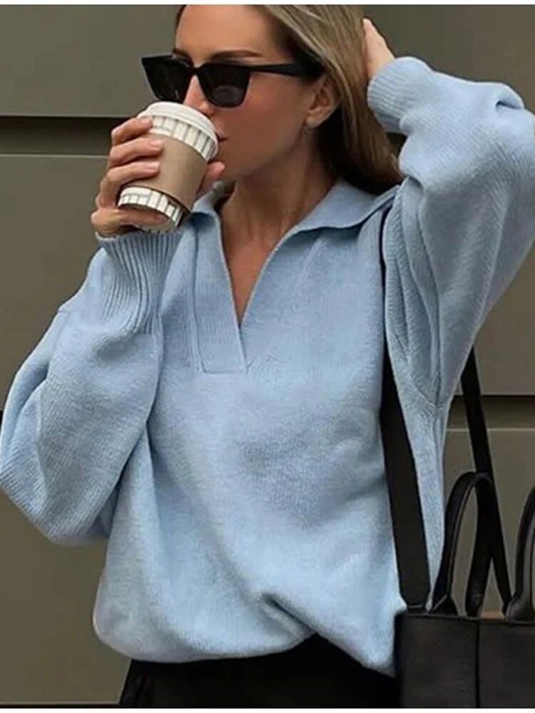 Whitney Solid V-Neck Turn-Down Collar Women Sweater