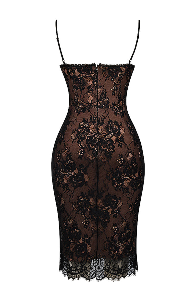 Sara Lace Print Spaghetti Strap Sexy Midi Dress