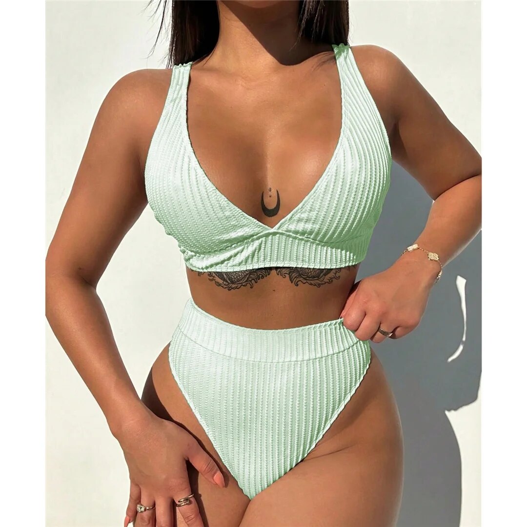 Holly Ribbed V Neck Padded High Waist Bikini