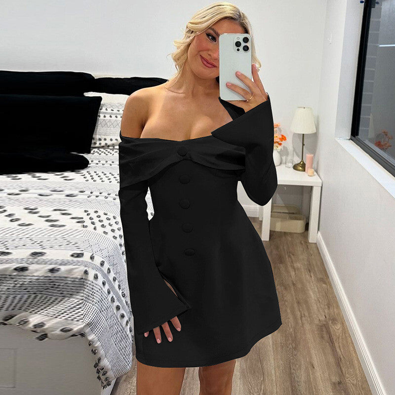 Erin Off-Shoulder Long Flare Sleeve Blazer Dress