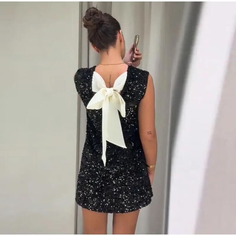 Jenny Sequins Backless Bow Sexy Mini Dress