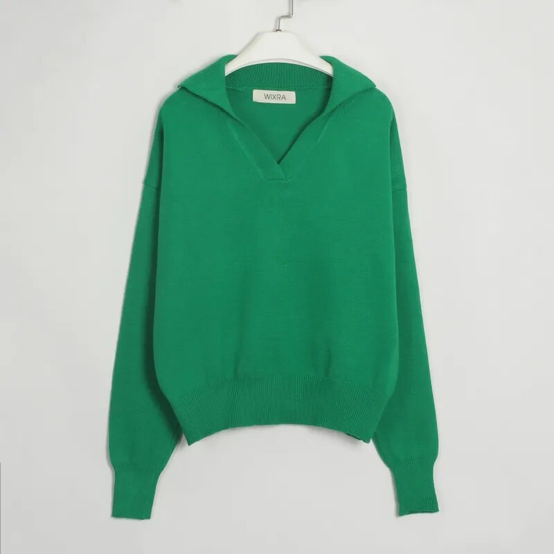 Whitney Solid V-Neck Turn-Down Collar Women Sweater