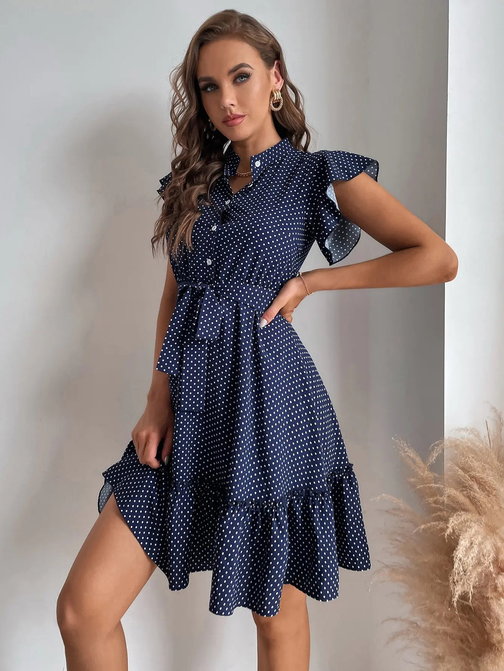 Grace Polka Dot Printed Butterfly Sleeves Dress