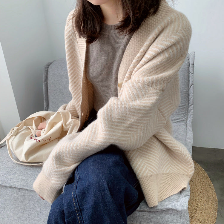 Lillian V-Neck Striped Loose-Fitting Women Cardigan