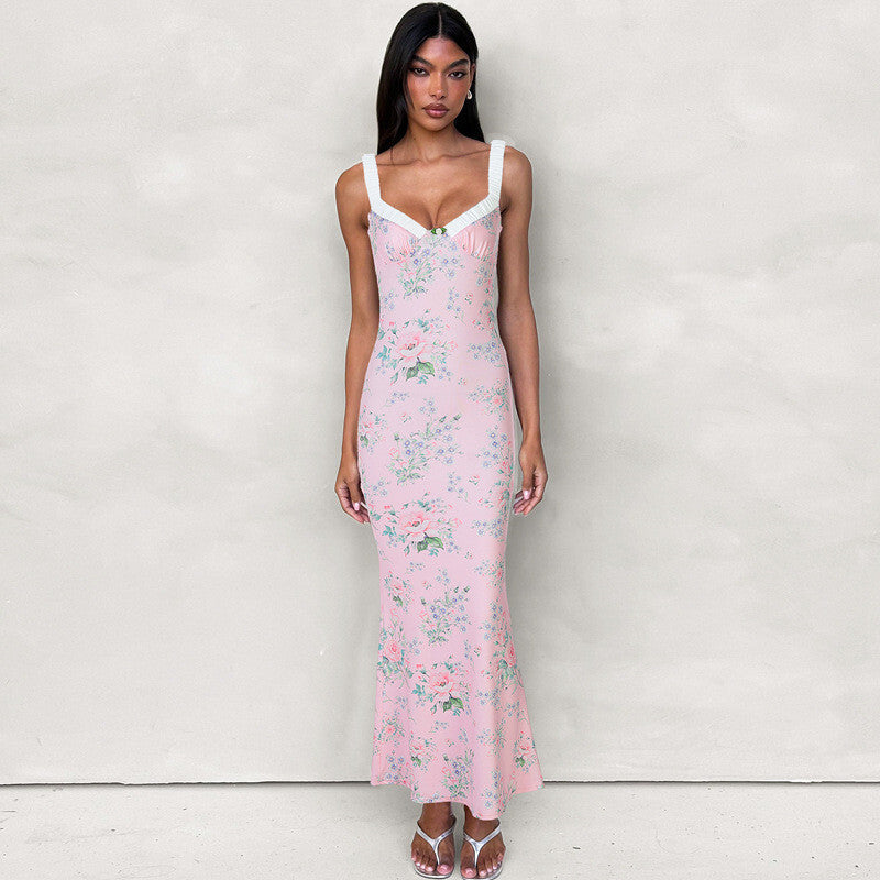 Whitney Pink Print Backless Sexy Maxi Dress